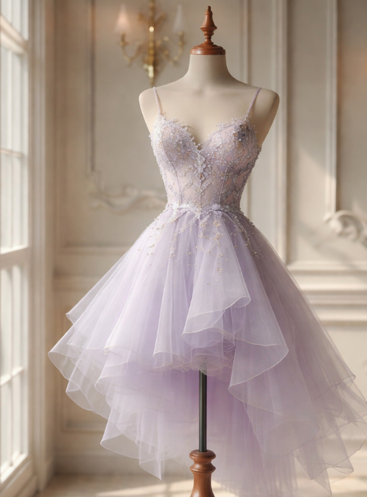Chic Light Purple Cocktail Dress Spaghetti Straps A-Line Graduation Party Dress Tulle Beaded Birthday Dress DP05421