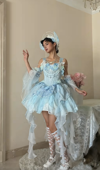 Fairy Blue Birthday Dress Straps Ball Gown Lace Lolita Dress Tulle Blue Party Dress DP05422