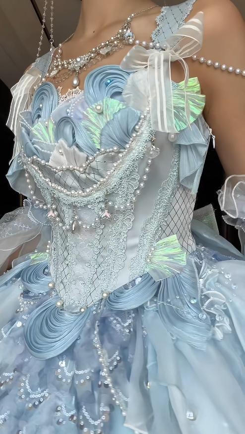 Fairy Blue Birthday Dress Straps Ball Gown Lace Lolita Dress Tulle Blue Party Dress DP05422