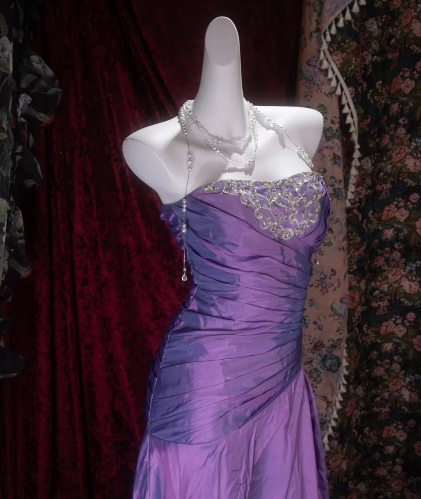 Chic Purple Prom Dress Strapless Sheath Satin Long Evening Dress DP05427