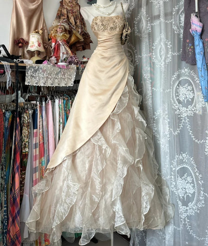 Fairy Light Gold Prom Dress Strapless A-Line Tulle Long Evening Dress DP05428
