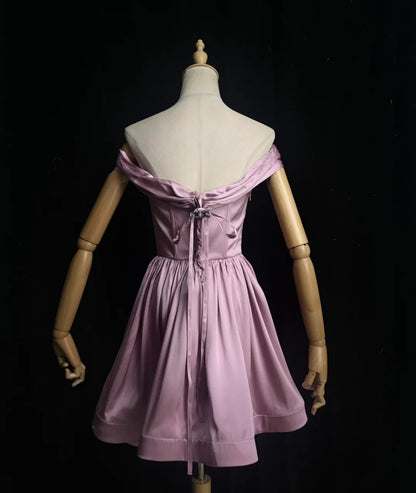Fairy Pink Short Prom Dress Off-shoulder A-Line Graduation Prom Dress Satin Cocktail Dress DP05431