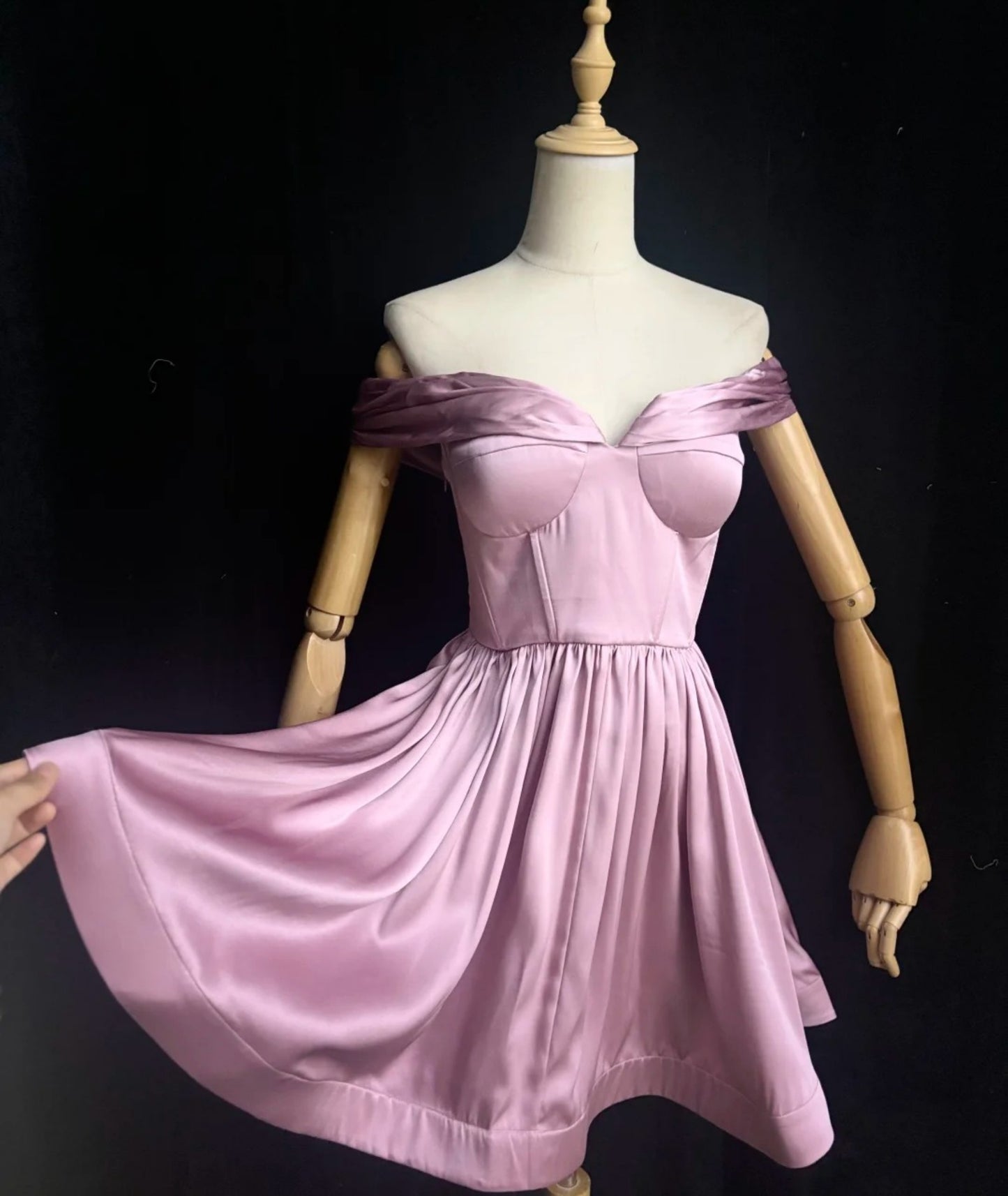 Fairy Pink Short Prom Dress Off-shoulder A-Line Graduation Prom Dress Satin Cocktail Dress DP05431