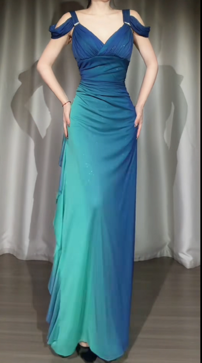 Fairy Teal Prom Dress Off-shoulder Sheath Chiffon Long Evening Dress  DP05436