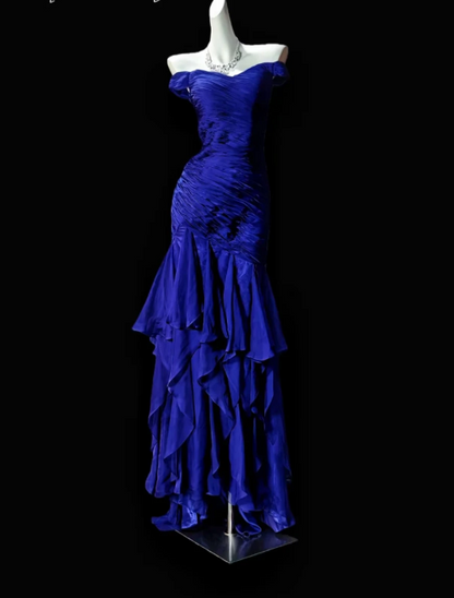 Fairy Blue Prom Dress Off-shoulder Sheath Satin Long Evening Dress  DP05437
