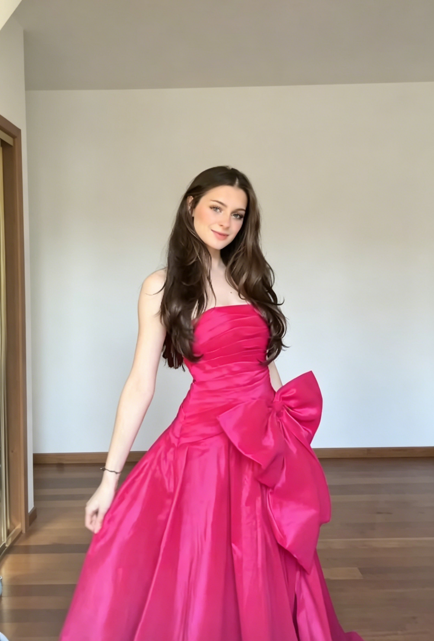 Robe de bal bustier rose vif coupe trapèze en satin, robe de soirée longue féérique DP05438