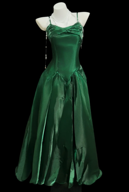Chic Green Prom Dress Spaghetti Straps A-Line Satin Long Evening Dress  DP05439