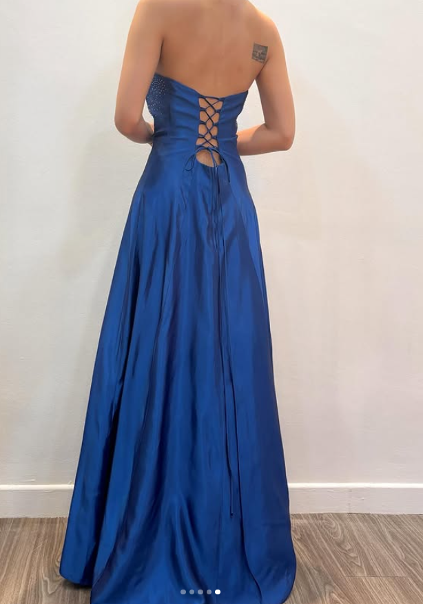 Robe de bal chic bleue bustier, ligne A, satin, sequins, longue robe de soirée DP05440