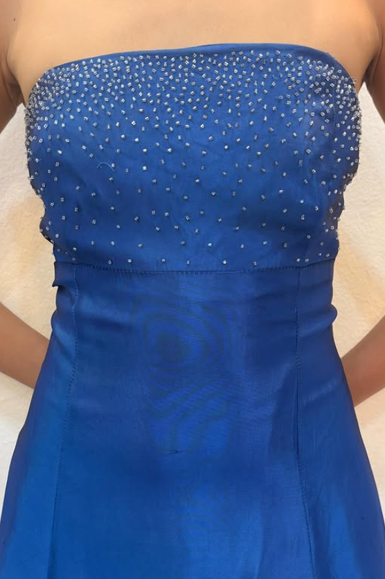 Robe de bal chic bleue bustier, ligne A, satin, sequins, longue robe de soirée DP05440