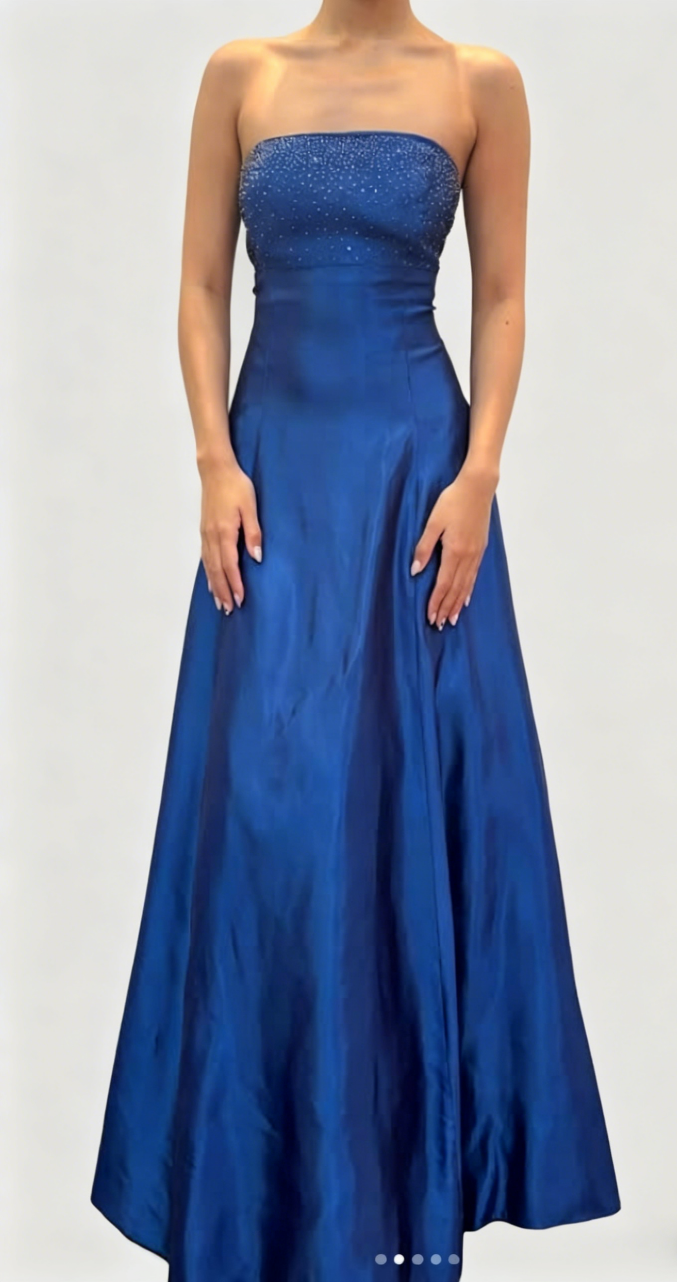 Robe de bal chic bleue bustier, ligne A, satin, sequins, longue robe de soirée DP05440