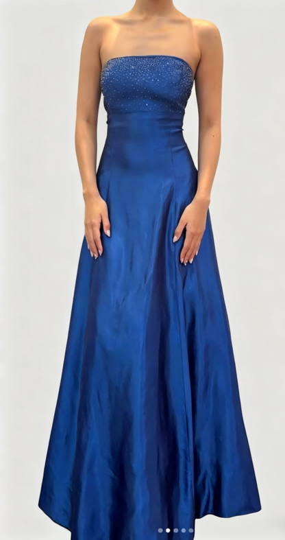 Robe de bal chic bleue bustier, ligne A, satin, sequins, longue robe de soirée DP05440