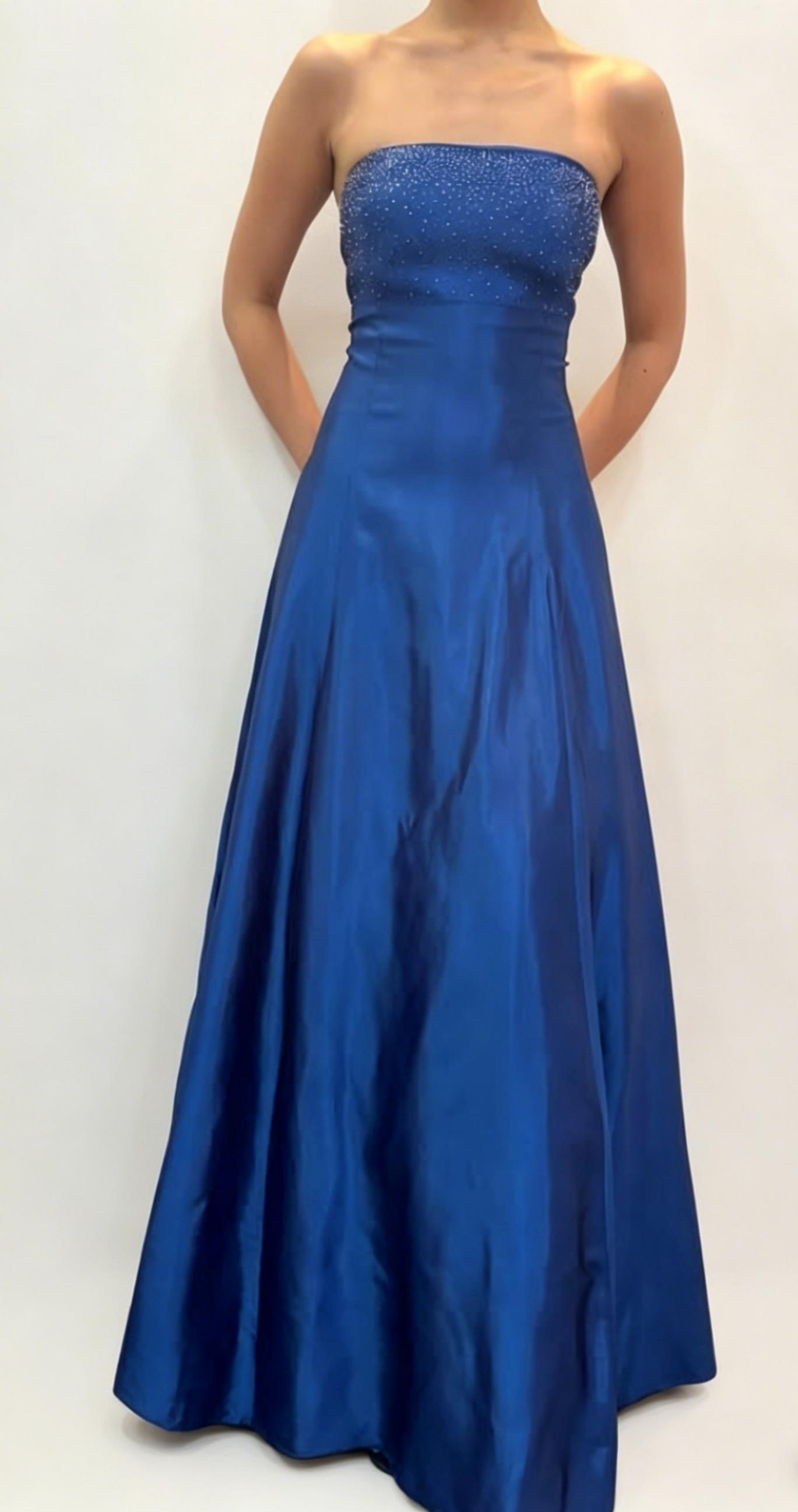 Robe de bal chic bleue bustier, ligne A, satin, sequins, longue robe de soirée DP05440
