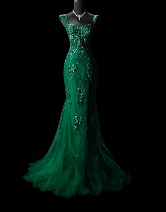 Chic Green Prom Dress Straps Mermaid Tulle Appliques Long Evening Dress DP05441
