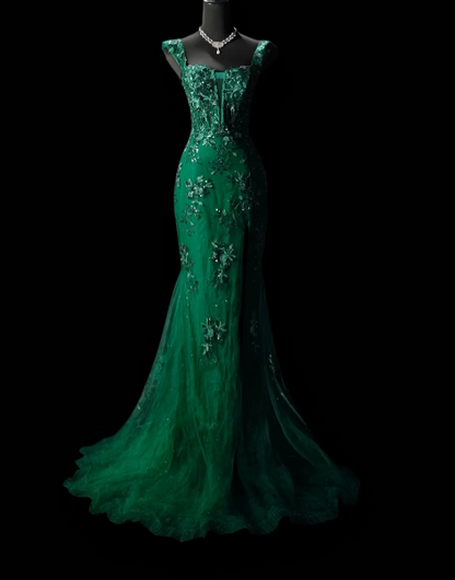 Chic Green Prom Dress Straps Mermaid Tulle Appliques Long Evening Dress DP05441