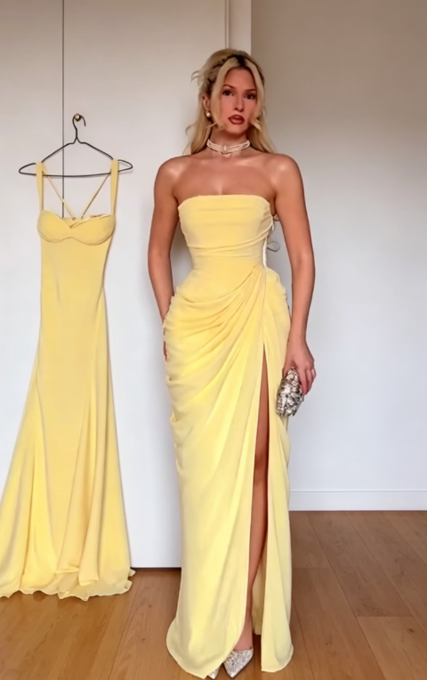 Elegantes gelbes trägerloses Etuikleid aus Chiffon für Hochzeitsgäste, langes Abendkleid DP05443