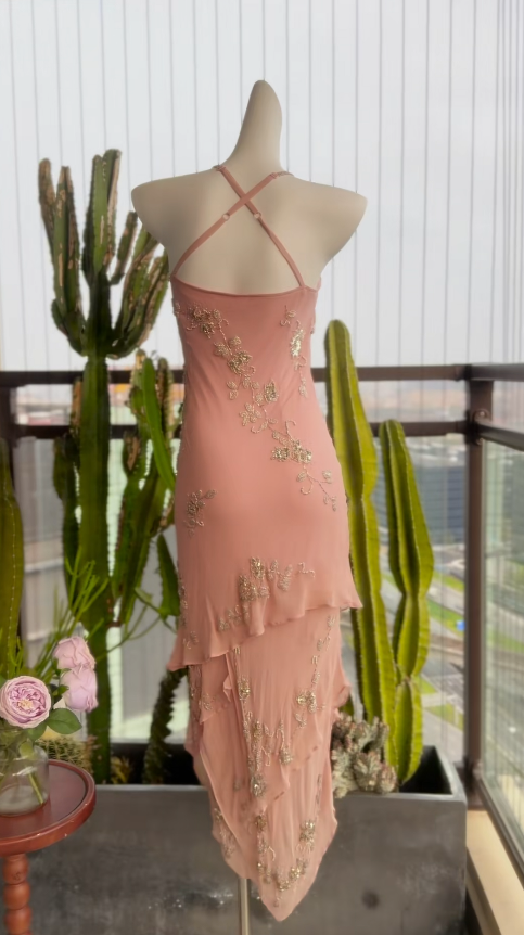 Chic Light Coral Prom Dress Strapless Sheath Chiffon Beaded Long Evening Dress DP05444