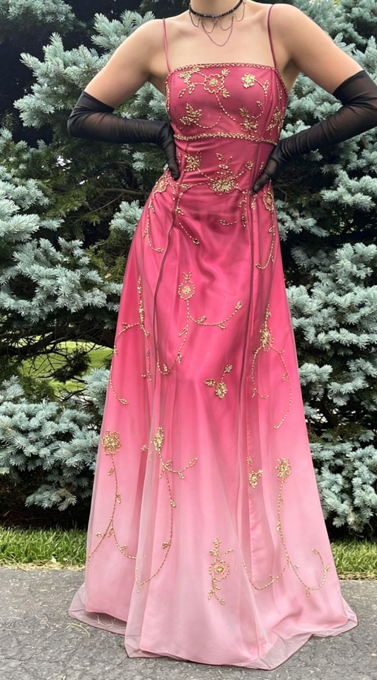 Chic Hot Pink Prom Dress Spaghetti Straps Sheath Chiffon Beaded Long Evening Dress DP05446