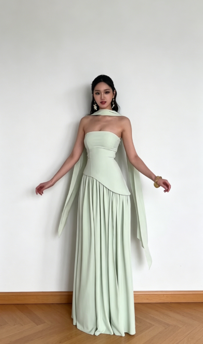 Chic Green Wedding Guest Dress Strapless Sheath Chiffon Long Evening Dress DP05447