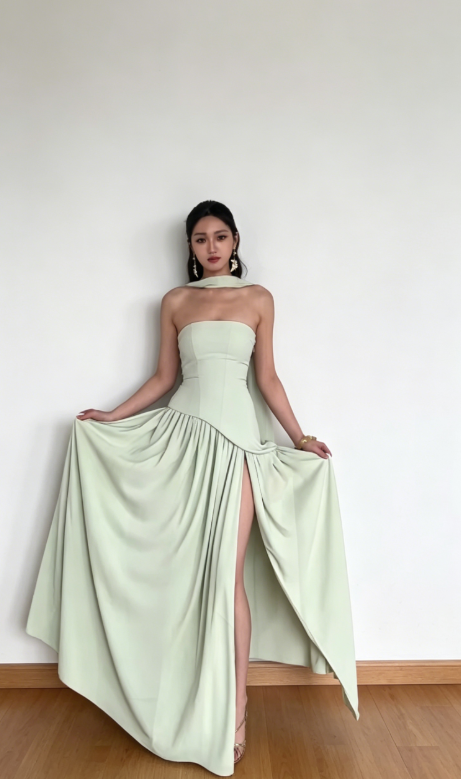 Chic Green Wedding Guest Dress Strapless Sheath Chiffon Long Evening Dress DP05447