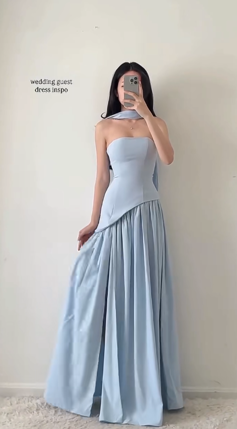 Chic Blue Bridesmaid Dress Satin Wedding Guest Dress Strapless Sheath Long Evening Dress DP05451