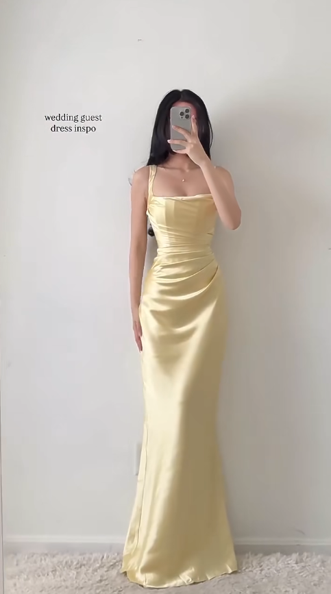 Chic Yellow Bridesmaid Dress Satin Wedding Guest Dress Spaghetti Straps Sheath Long Evening Dress DP05452