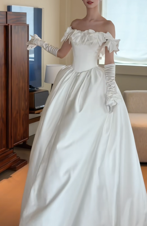 Modest A-Line Wedding Dress Off-shoulder White Bridal Dress Satin Bridal Gowns DP05453