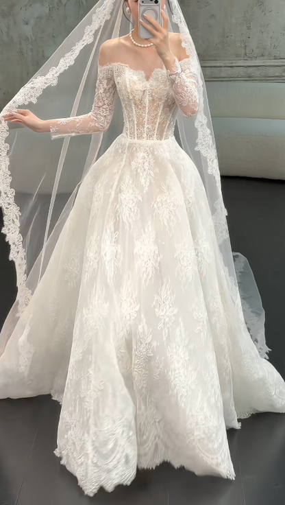 Modest A-Line Wedding Dress Off-shoulder White Bridal Dress Lace Bridal Gowns  DP05454