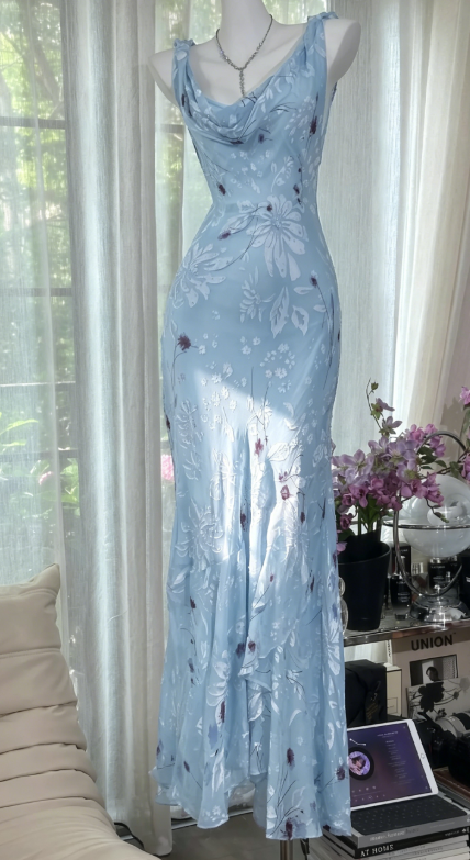 Robe de soirée longue en mousseline fourreau à bretelles élégantes, bleu, pour invitée de mariage DP05461