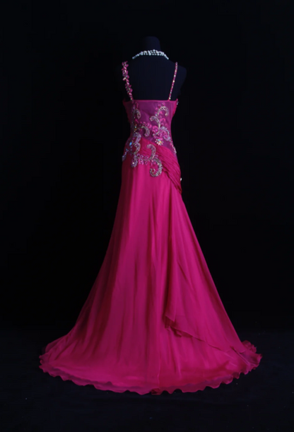 Robe de soirée longue fourreau à fines bretelles Fairy Rose vif en mousseline de soie Robe de bal Robe de cérémonie DP05467