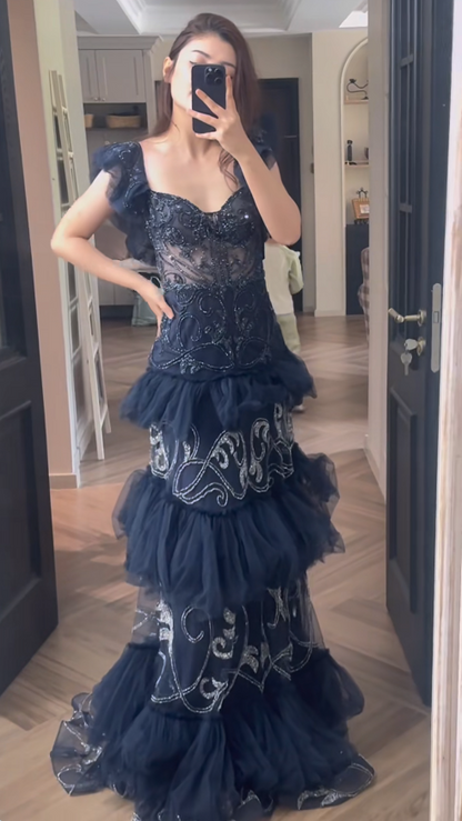 Fairy Sweetheart Sheath Long Evening Dress Navy Blue Prom Dress Tulle Formal Dress DP05471