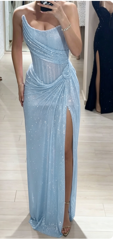 Chic Strapless Sheath Long Evening Dress Sage Prom Dress Tulle Formal Dress DP05473