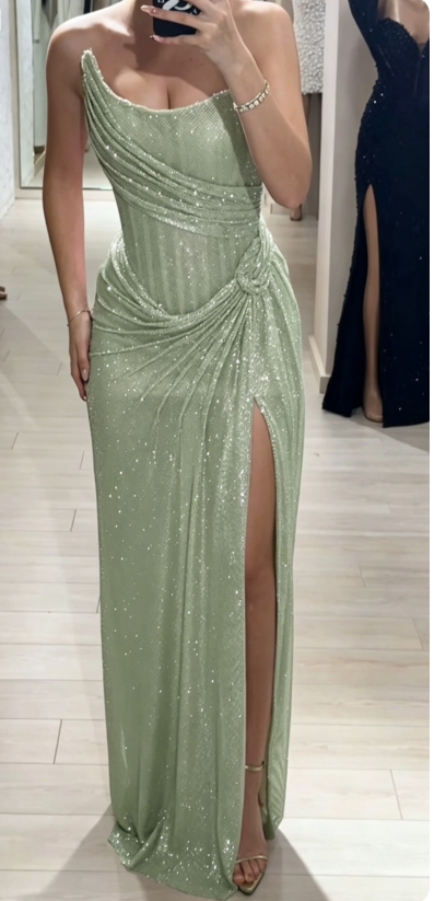 Chic Strapless Sheath Long Evening Dress Sage Prom Dress Tulle Formal Dress DP05473
