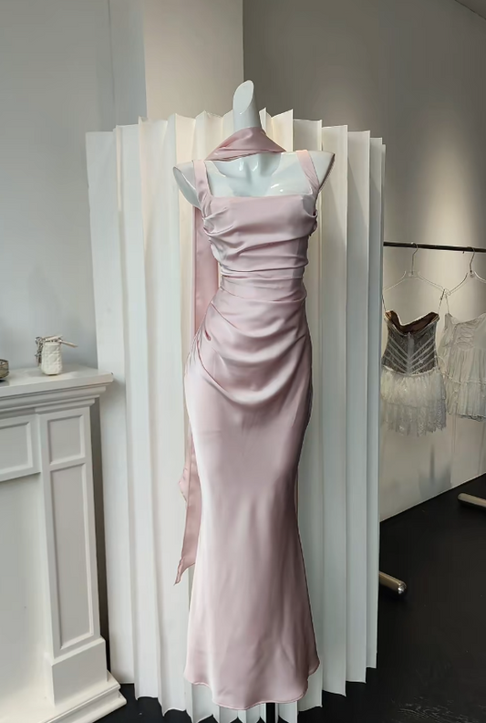 Chic Spaghetti Straps Sheath Long Evening Dress Pink Prom Dress Satin Formal Dress DP05474