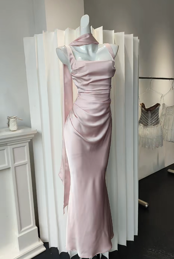 Chic Spaghetti Straps Sheath Long Evening Dress Pink Prom Dress Satin Formal Dress DP05474