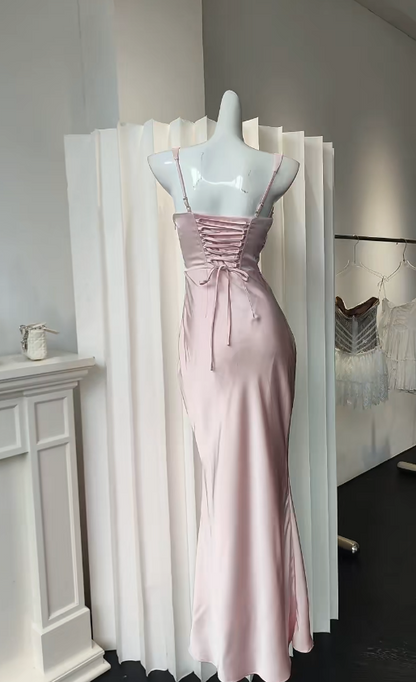 Chic Spaghetti Straps Sheath Long Evening Dress Pink Prom Dress Satin Formal Dress DP05474