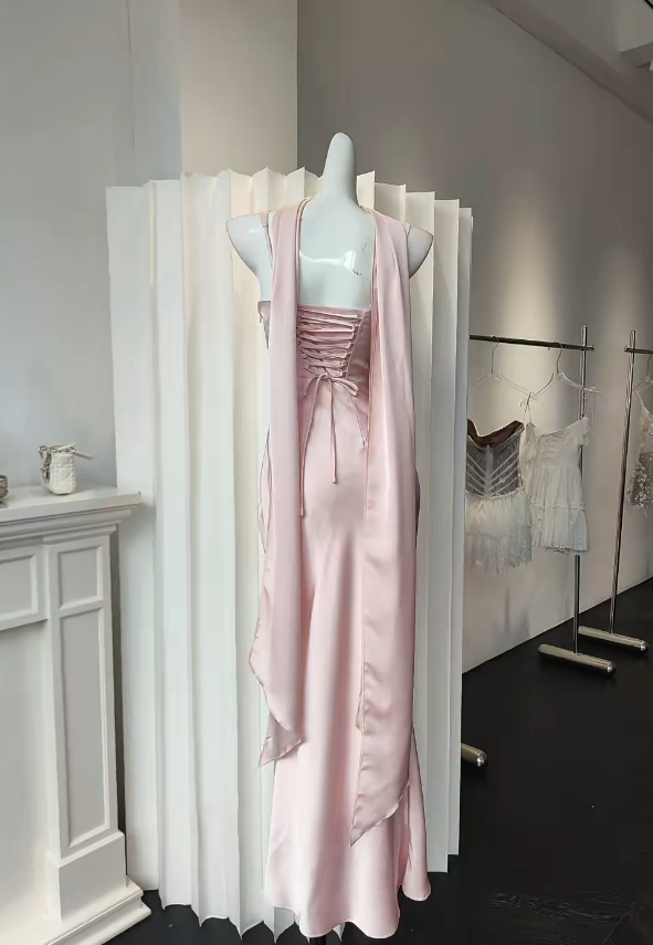 Chic Spaghetti Straps Sheath Long Evening Dress Pink Prom Dress Satin Formal Dress DP05474