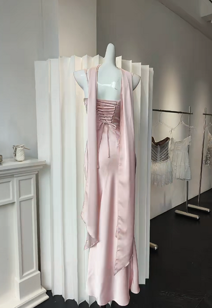 Chic Spaghetti Straps Sheath Long Evening Dress Pink Prom Dress Satin Formal Dress DP05474