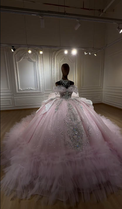 Chic Off-shoulder Ball Gown Quinceanera Dress Pink Prom Dress Tulle Rhinstones Pink Sweet 16 Dress  DP05476