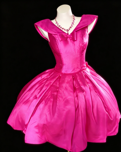 Cute V-neck A-Line Birthday Dress Satin Cocktail Dress Hot Pink Graduation Party Dress  DP05485