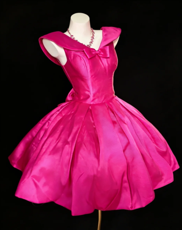 Cute V-neck A-Line Birthday Dress Satin Cocktail Dress Hot Pink Graduation Party Dress  DP05485