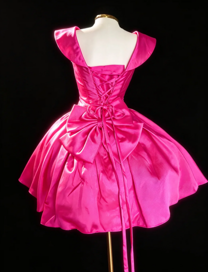 Cute V-neck A-Line Birthday Dress Satin Cocktail Dress Hot Pink Graduation Party Dress  DP05485