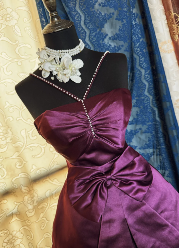 Chic Halter Short Prom Dress A-Line Satin Birthday Dress Purple Cocktail Dress DP05486