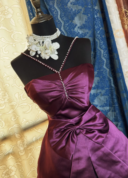 Chic Halter Short Prom Dress A-Line Satin Birthday Dress Purple Cocktail Dress DP05486