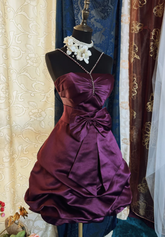 Chic Halter Short Prom Dress A-Line Satin Birthday Dress Purple Cocktail Dress DP05486