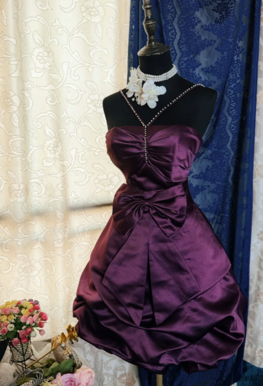 Chic Halter Short Prom Dress A-Line Satin Birthday Dress Purple Cocktail Dress DP05486