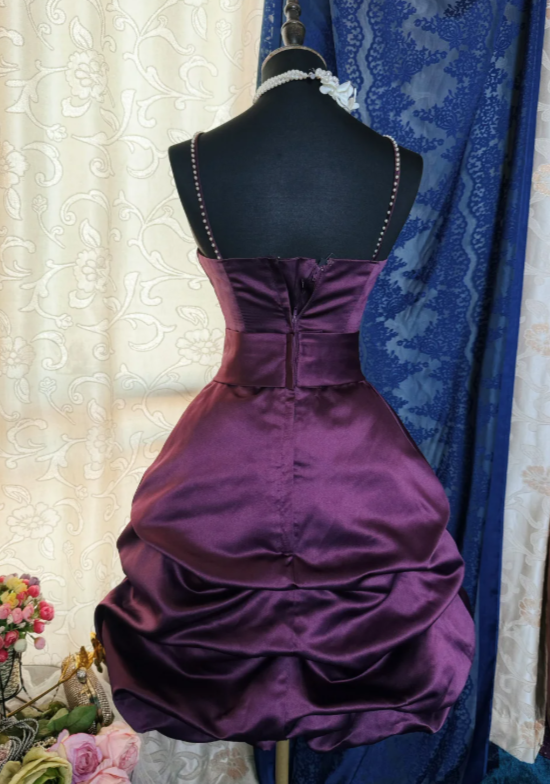 Chic Halter Short Prom Dress A-Line Satin Birthday Dress Purple Cocktail Dress DP05486