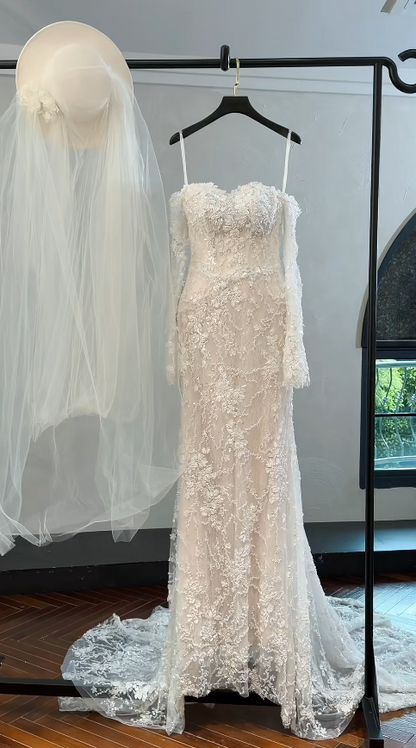 Elegant White Wedding Dress Off-shoulder Sheath Bridal Dress Applique Lace Bridal Gown DP05492