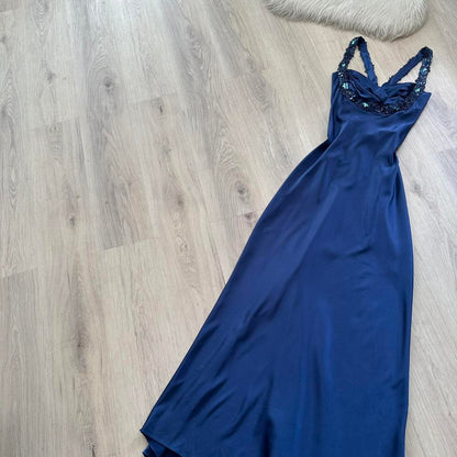 Elegant Blue Prom Dress Halter Sheath Satin Long Evening Dress  DP05500