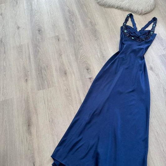Elegant Blue Prom Dress Halter Sheath Satin Long Evening Dress  DP05500