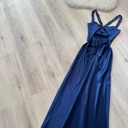 Elegant Blue Prom Dress Halter Sheath Satin Long Evening Dress  DP05500